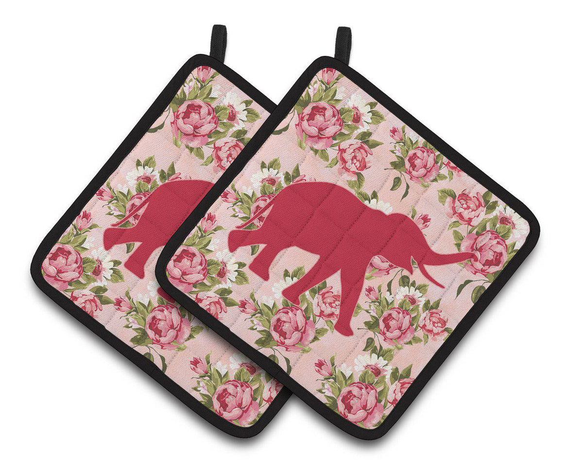 Elephant Shabby Chic Pink Roses  Pair of Pot Holders BB1011-RS-PK-PTHD - the-store.com