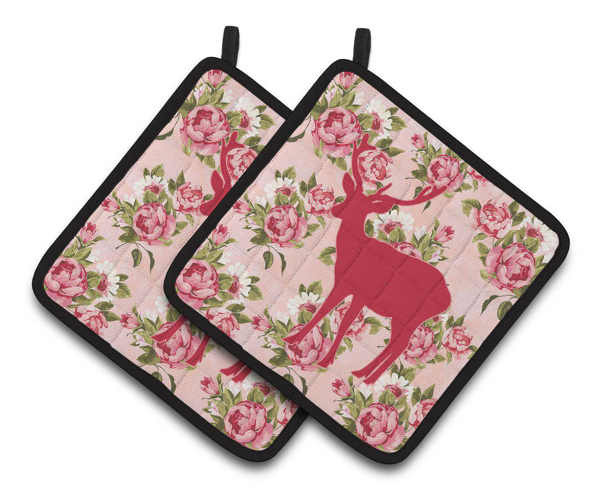 Deer Shabby Chic Pink Roses  Pair of Pot Holders BB1012-RS-PK-PTHD - the-store.com