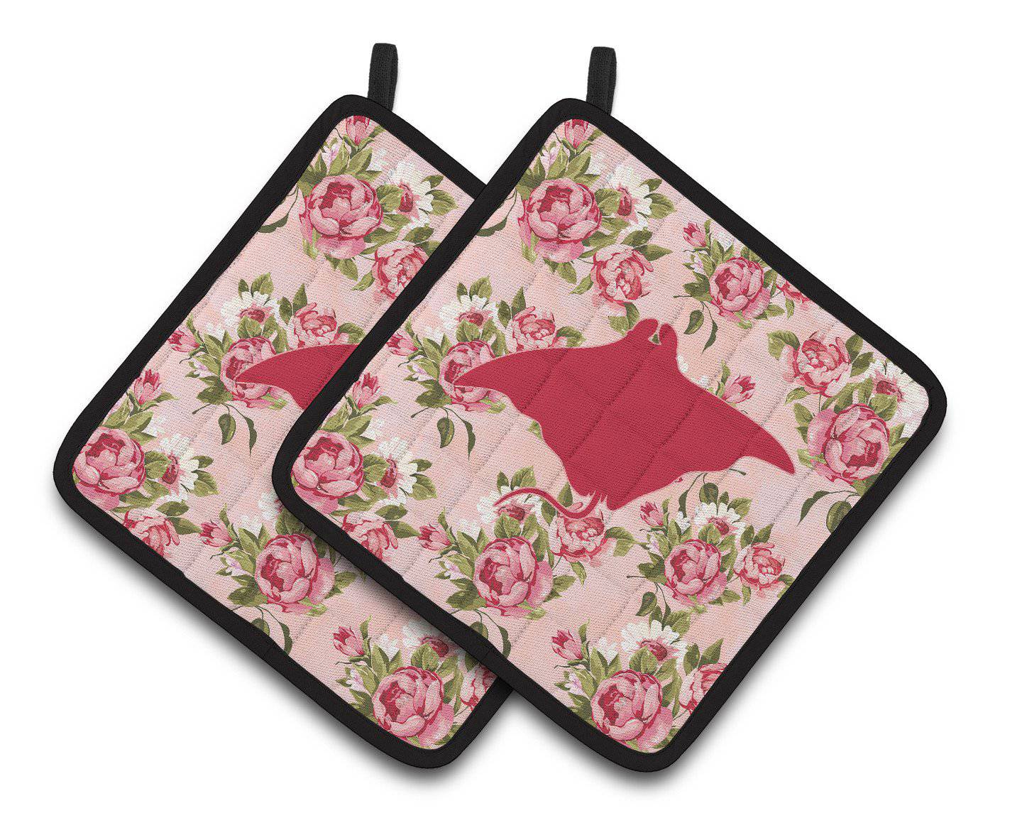 Manta ray Shabby Chic Pink Roses  Pair of Pot Holders BB1014-RS-PK-PTHD - the-store.com