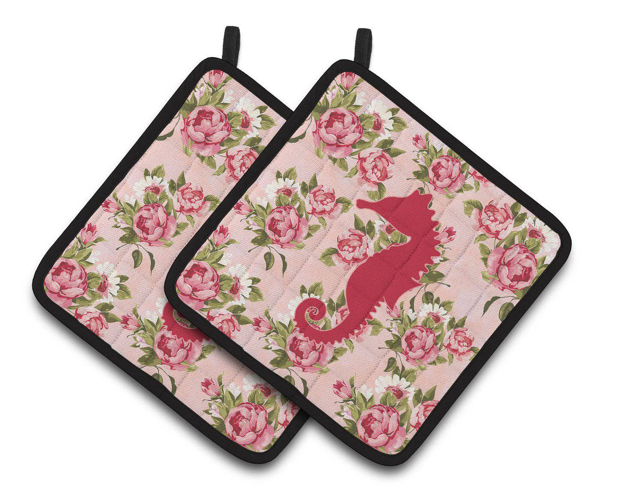 Sea Horse Shabby Chic Pink Roses  Pair of Pot Holders BB1018-RS-PK-PTHD - the-store.com
