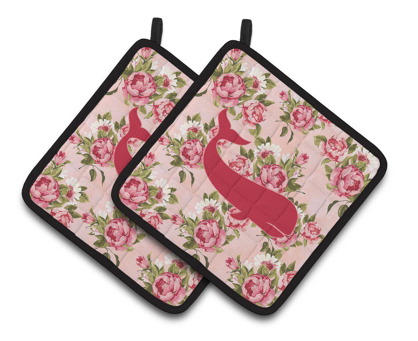 Whale Shabby Chic Pink Roses  Pair of Pot Holders BB1021-RS-PK-PTHD - the-store.com