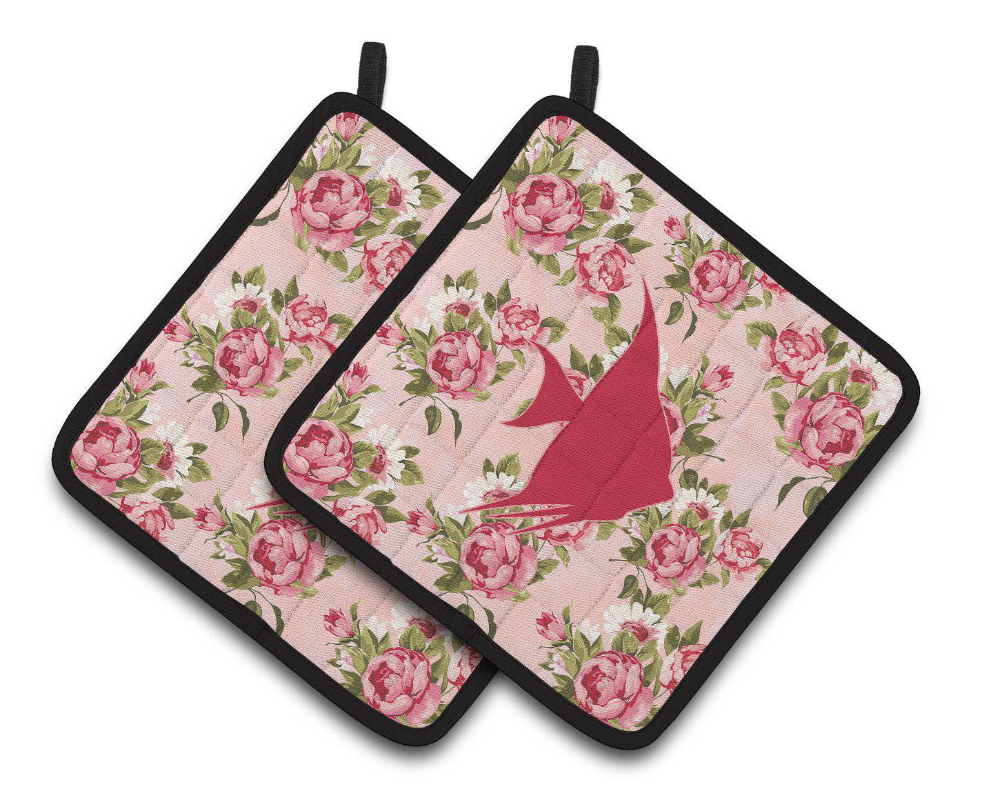 Fish - Angel Fish Shabby Chic Pink Roses  Pair of Pot Holders BB1022-RS-PK-PTHD - the-store.com