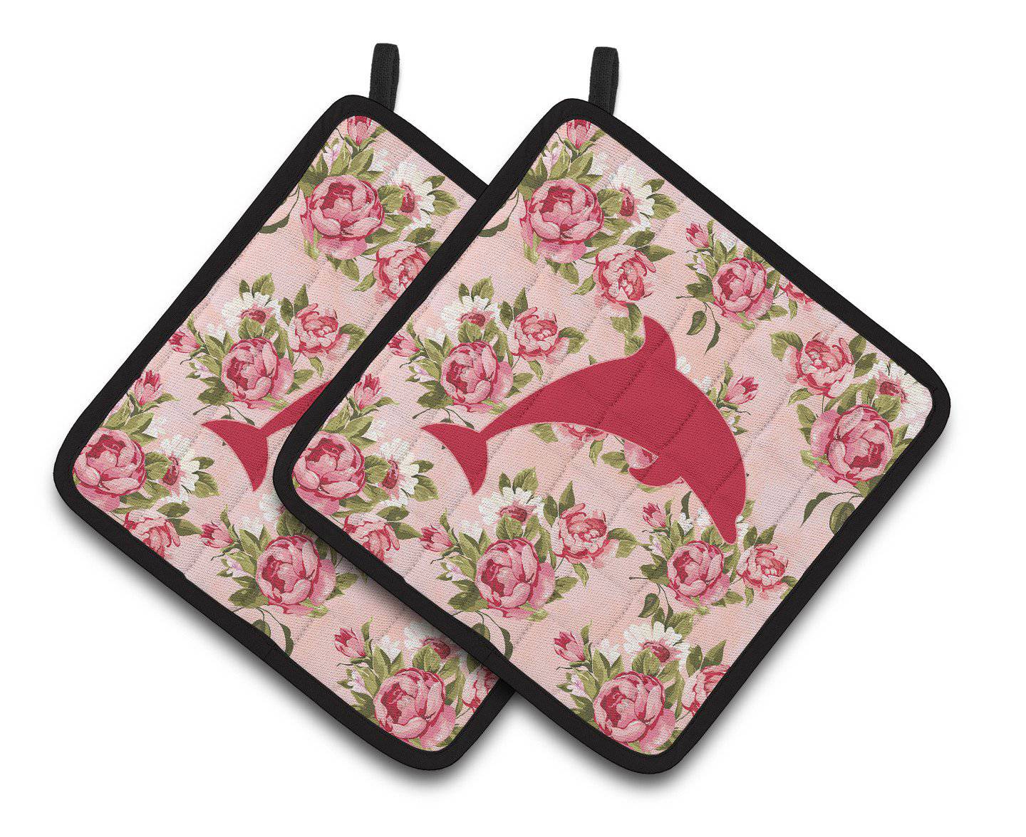 Dolphin Shabby Chic Pink Roses  Pair of Pot Holders BB1025-RS-PK-PTHD - the-store.com