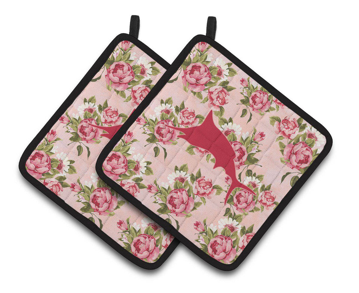 Fish - Marlin Shabby Chic Pink Roses  Pair of Pot Holders BB1026-RS-PK-PTHD - the-store.com