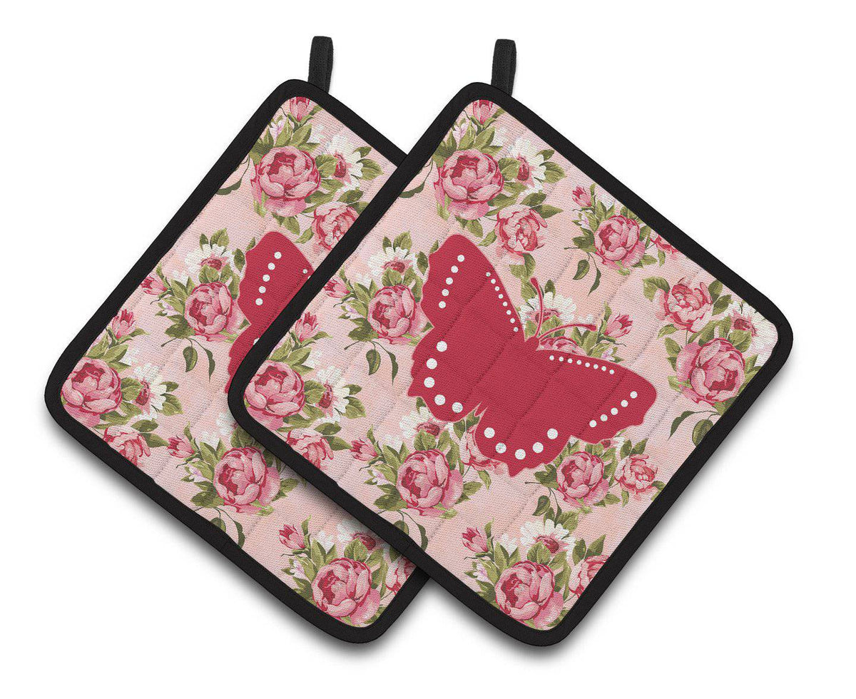 Butterfly Shabby Chic Pink Roses  Pair of Pot Holders BB1033-RS-PK-PTHD - the-store.com