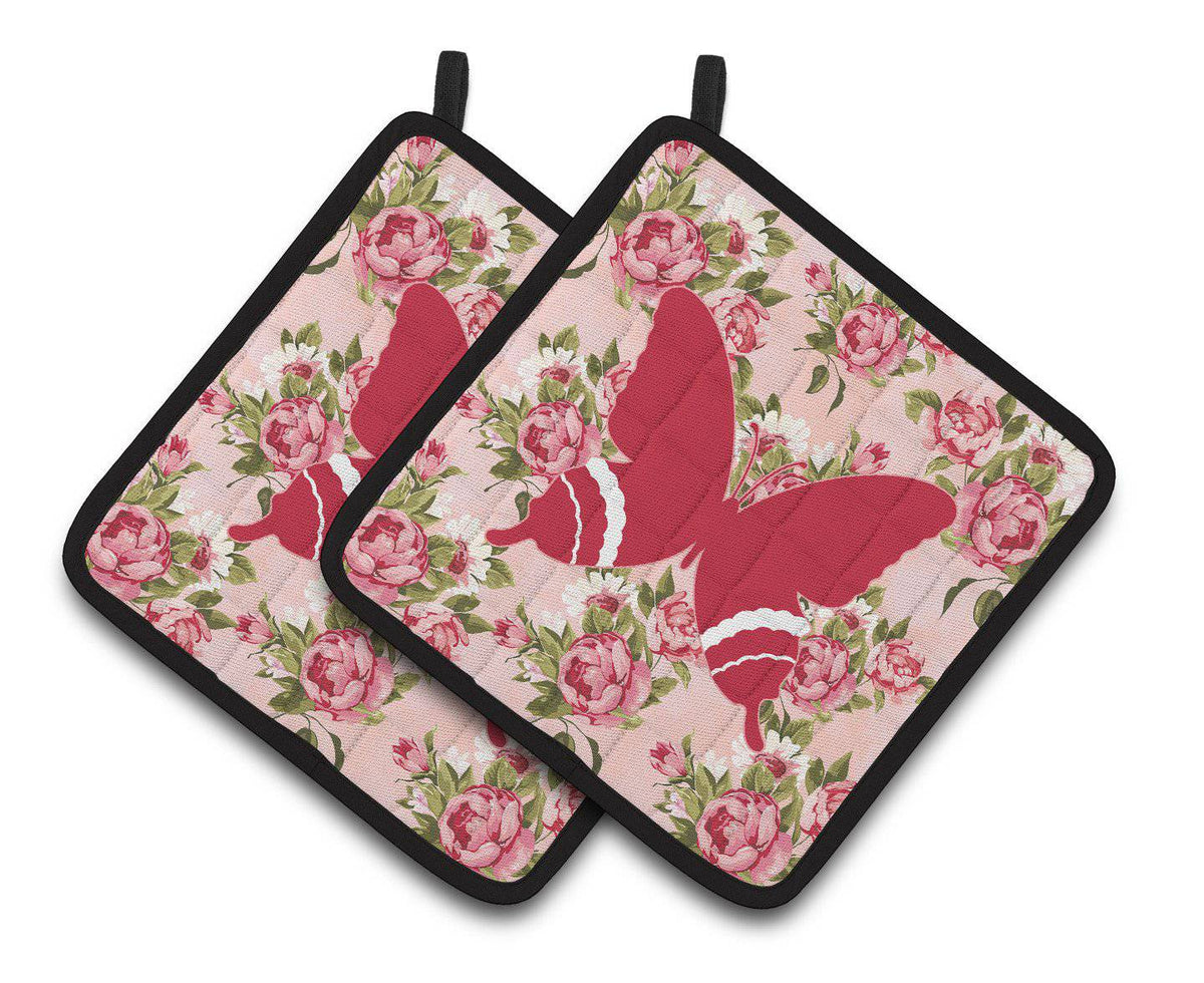 Butterfly Shabby Chic Pink Roses  Pair of Pot Holders BB1034-RS-PK-PTHD - the-store.com