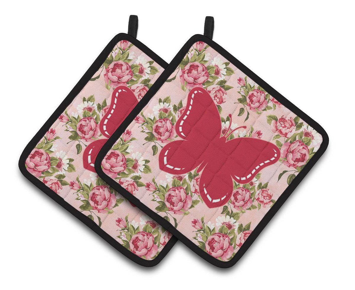 Butterfly Shabby Chic Pink Roses  Pair of Pot Holders BB1035-RS-PK-PTHD - the-store.com