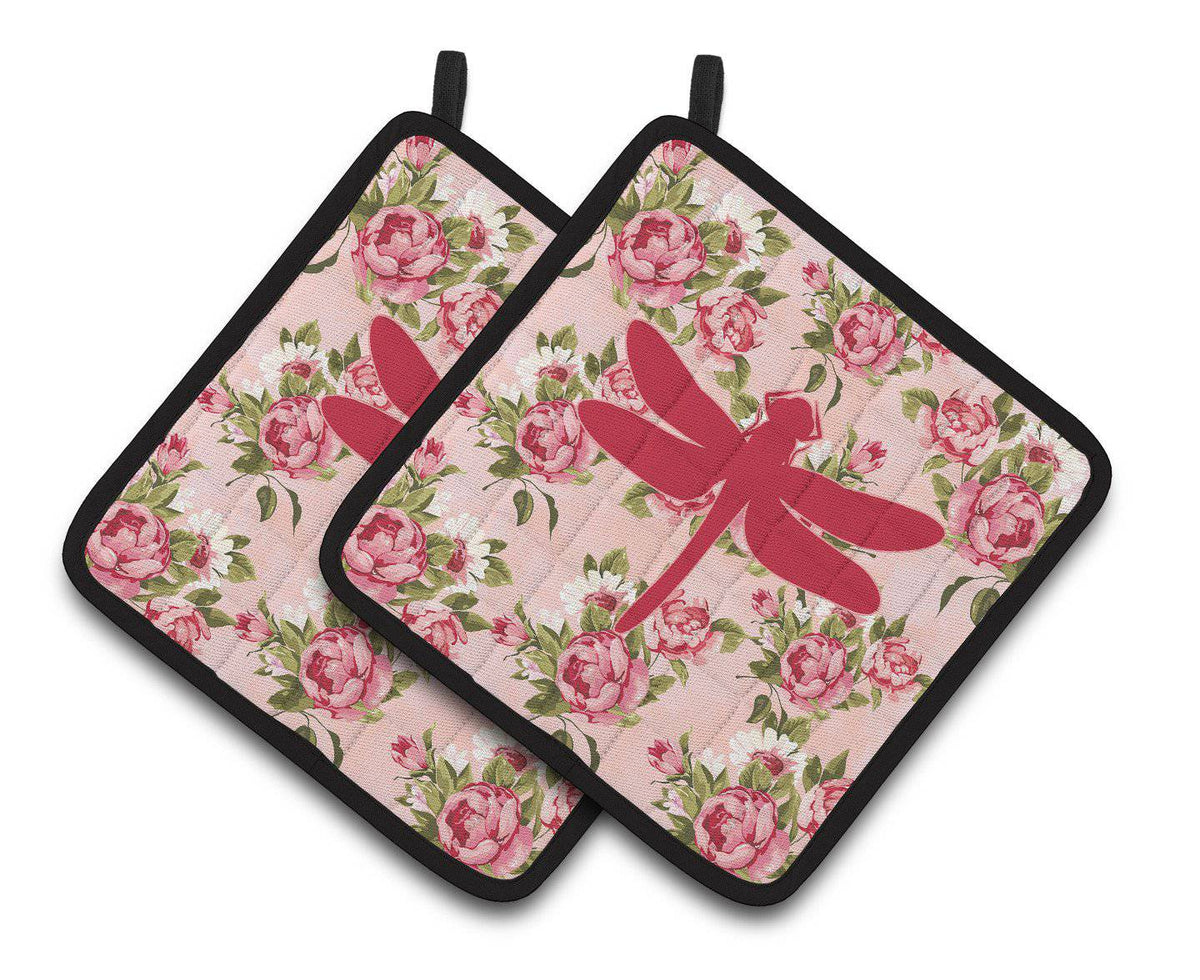 Dragonfly Shabby Chic Pink Roses  Pair of Pot Holders BB1062-RS-PK-PTHD - the-store.com