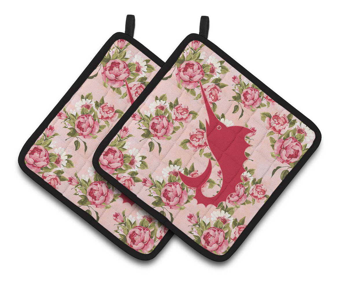Fish - Sword Fish Shabby Chic Pink Roses  Pair of Pot Holders BB1097-RS-PK-PTHD - the-store.com