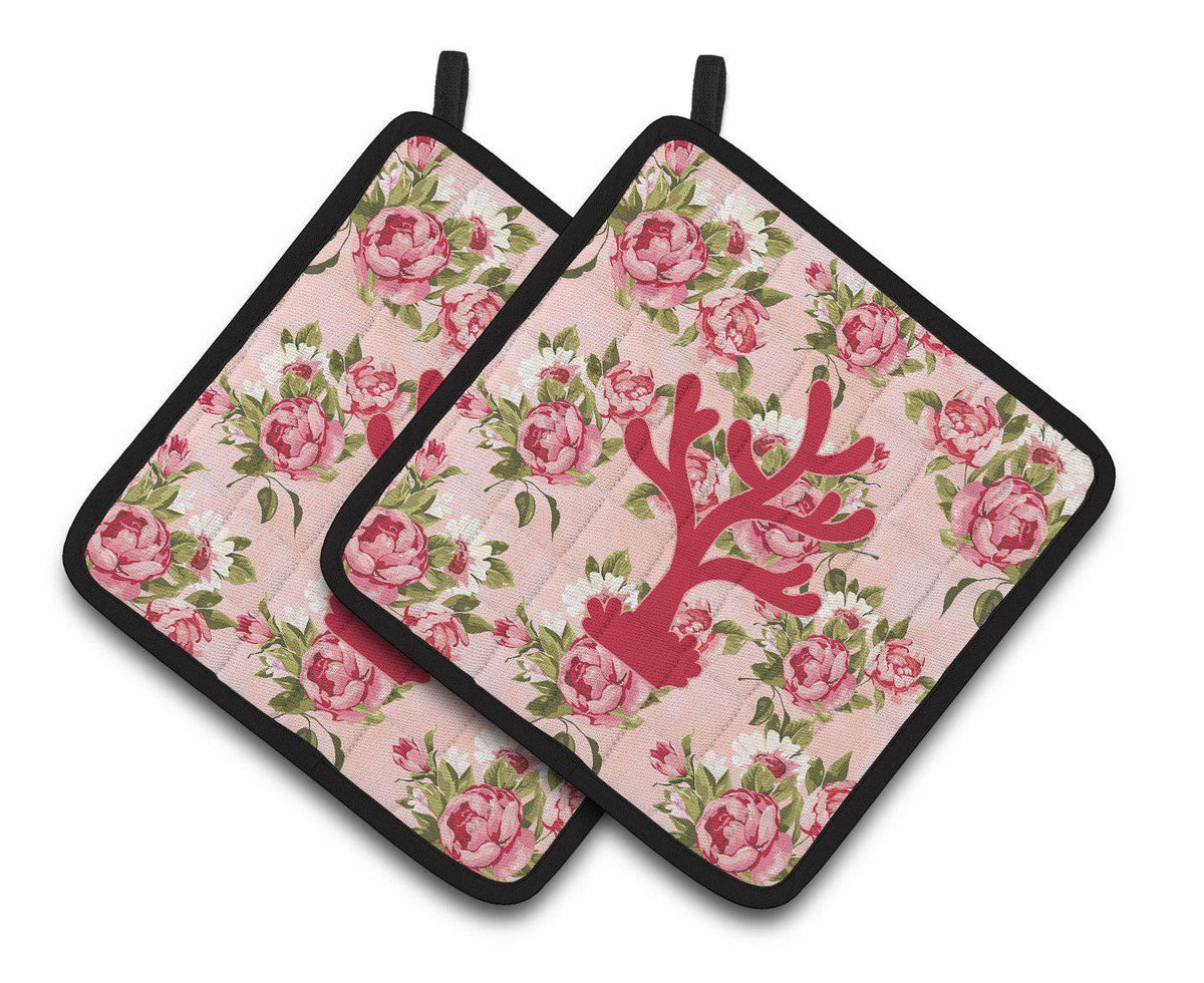 Coral Shabby Chic Pink Roses  Pair of Pot Holders BB1101-RS-PK-PTHD - the-store.com