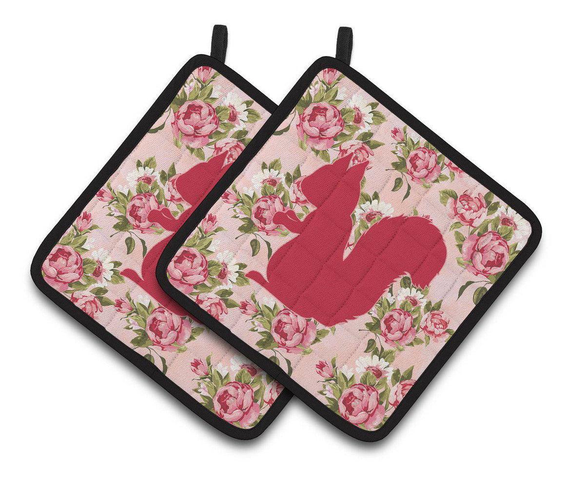 Squirrel Shabby Chic Pink Roses  Pair of Pot Holders BB1119-RS-PK-PTHD - the-store.com