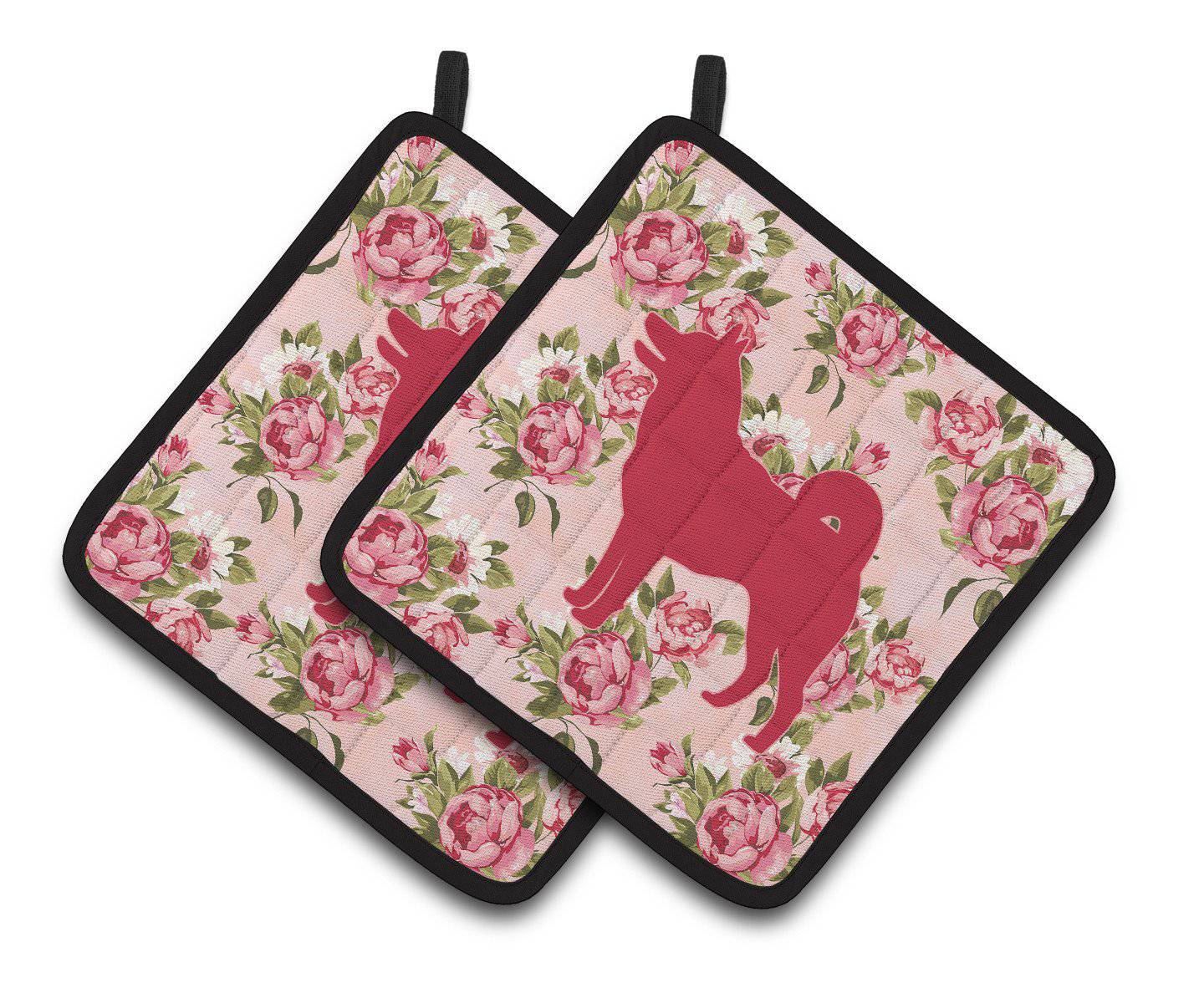 Shiba Inu Shabby Chic Pink Roses  Pair of Pot Holders BB1067-RS-PK-PTHD - the-store.com