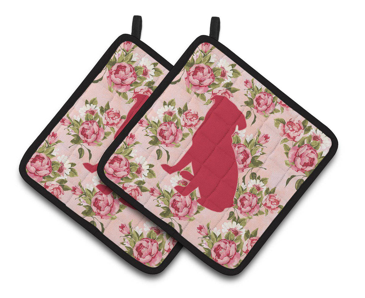 Pug Shabby Chic Pink Roses  Pair of Pot Holders BB1084-RS-PK-PTHD - the-store.com