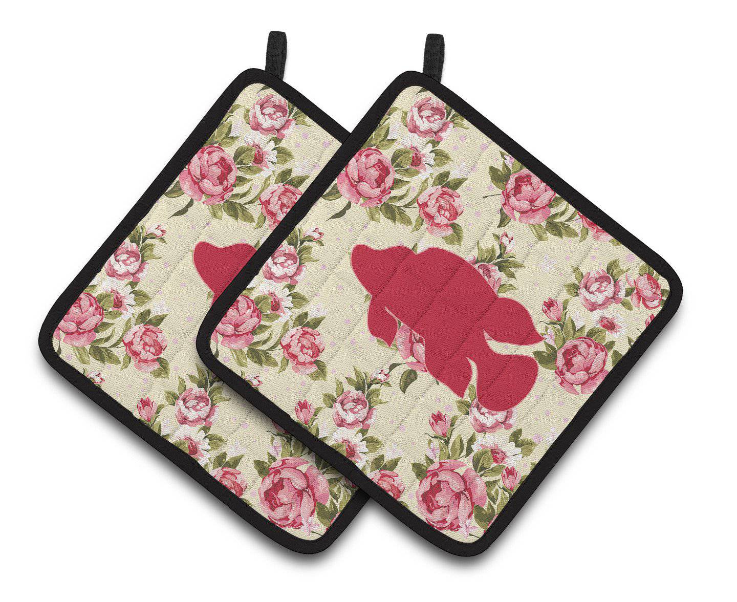 Fish - Tropical Fish Shabby Chic Yellow Roses  Pair of Pot Holders BB1013-RS-YW-PTHD - the-store.com