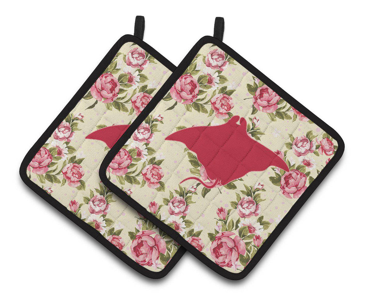Manta ray Shabby Chic Yellow Roses  Pair of Pot Holders BB1014-RS-YW-PTHD - the-store.com