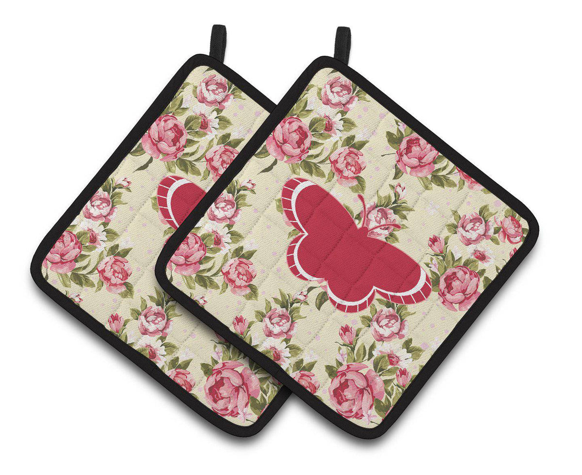 Butterfly Shabby Chic Yellow Roses  Pair of Pot Holders BB1039-RS-YW-PTHD - the-store.com