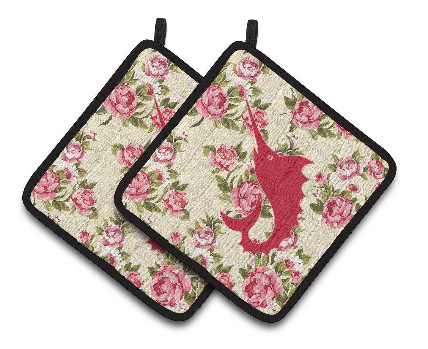 Fish - Sword Fish Shabby Chic Yellow Roses  Pair of Pot Holders BB1097-RS-YW-PTHD - the-store.com