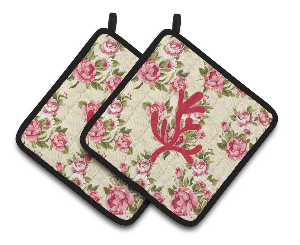 Coral Shabby Chic Yellow Roses  Pair of Pot Holders BB1103-RS-YW-PTHD - the-store.com