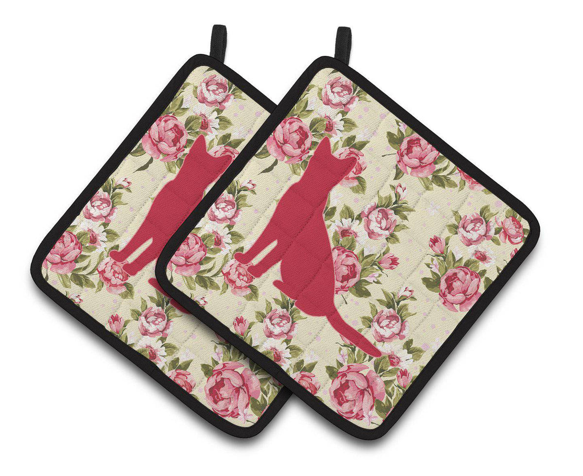 Cat Shabby Chic Yellow Roses  Pair of Pot Holders BB1071-RS-YW-PTHD - the-store.com