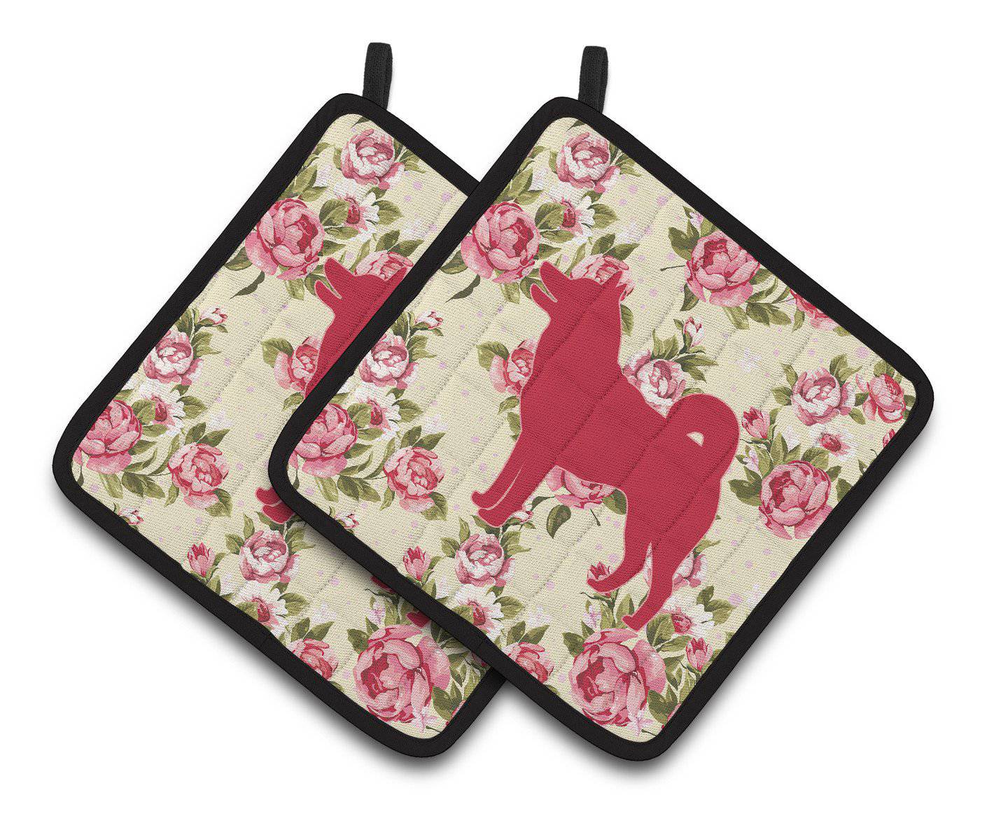 Shiba Inu Shabby Chic Yellow Roses  Pair of Pot Holders BB1067-RS-YW-PTHD - the-store.com