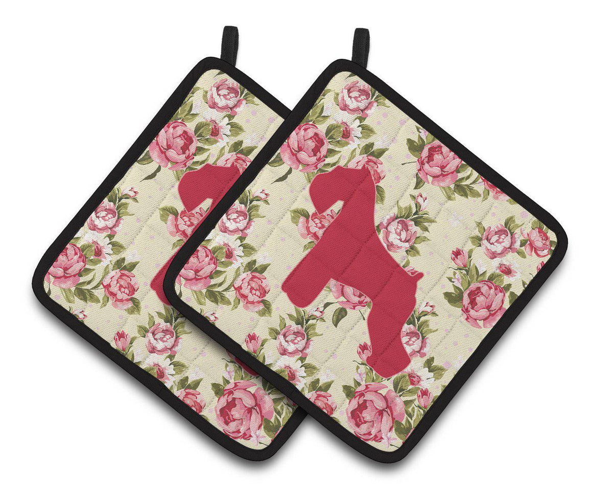 Schnauzer Shabby Chic Yellow Roses  Pair of Pot Holders BB1073-RS-YW-PTHD - the-store.com