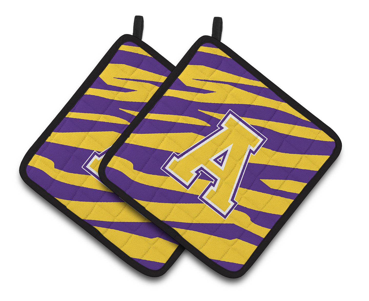 Letter A Monogram - Tiger Stripe - Purple Gold Pair of Pot Holders CJ1022-APTHD - the-store.com