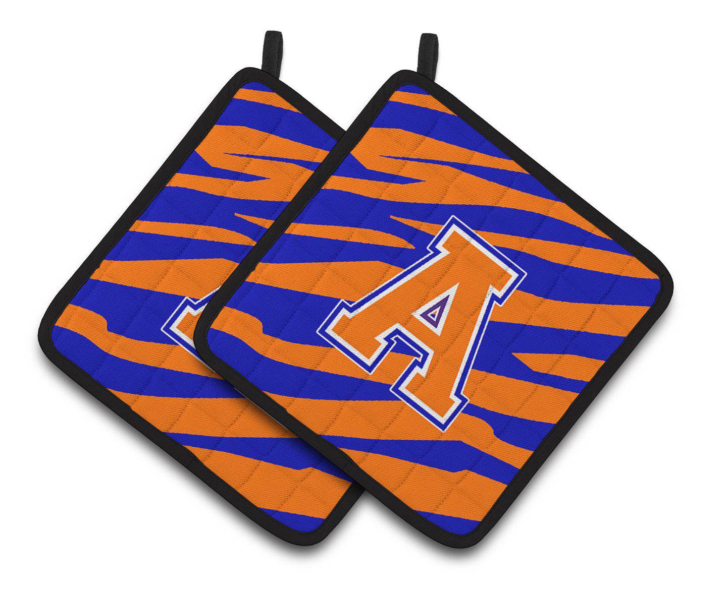 Letter A Monogram - Orange Blue Tiger Stripe Pair of Pot Holders CJ1023-APTHD - the-store.com