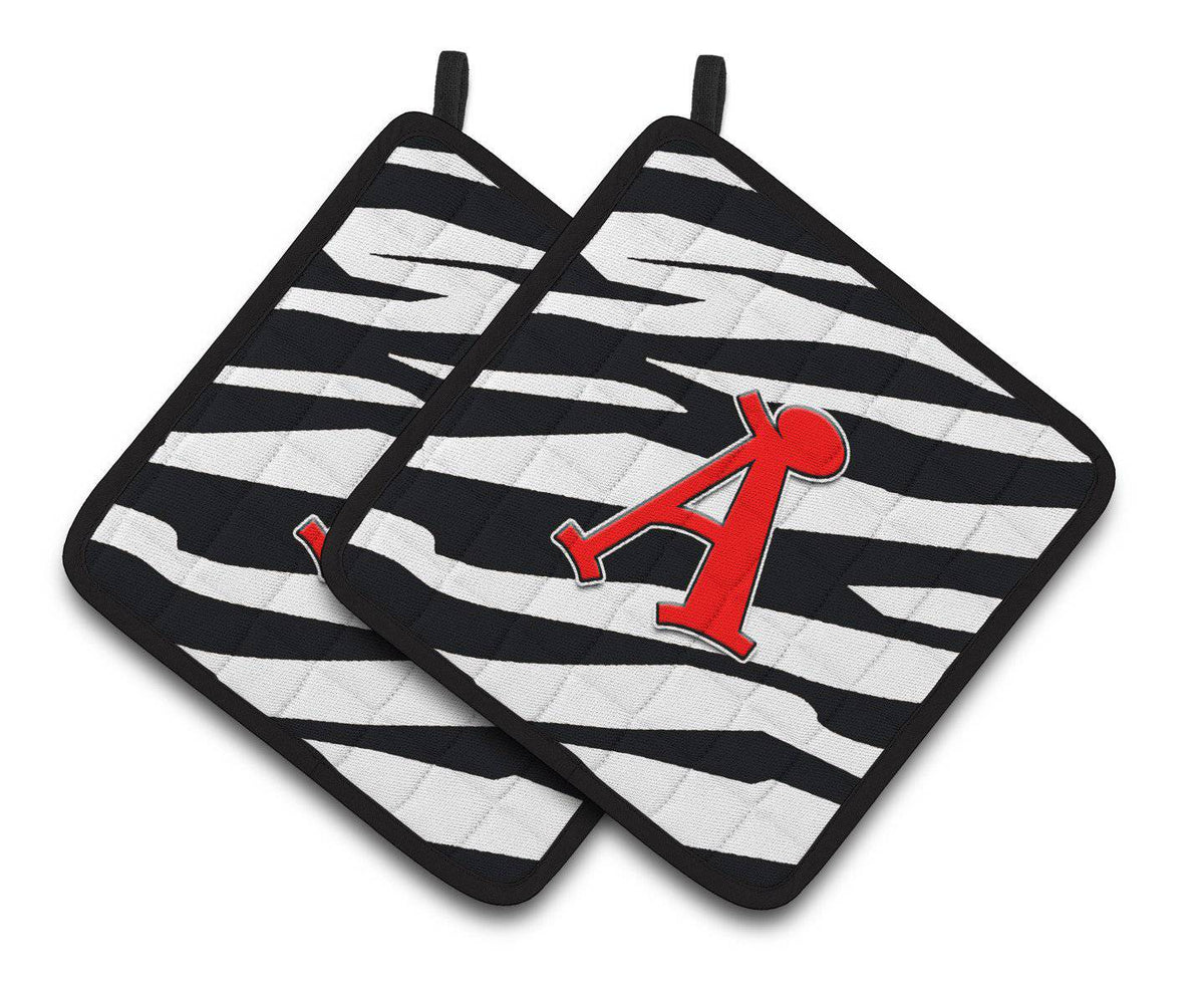 Letter A Monogram - Zebra Stripe and Red Pair of Pot Holders CJ1024-APTHD - the-store.com