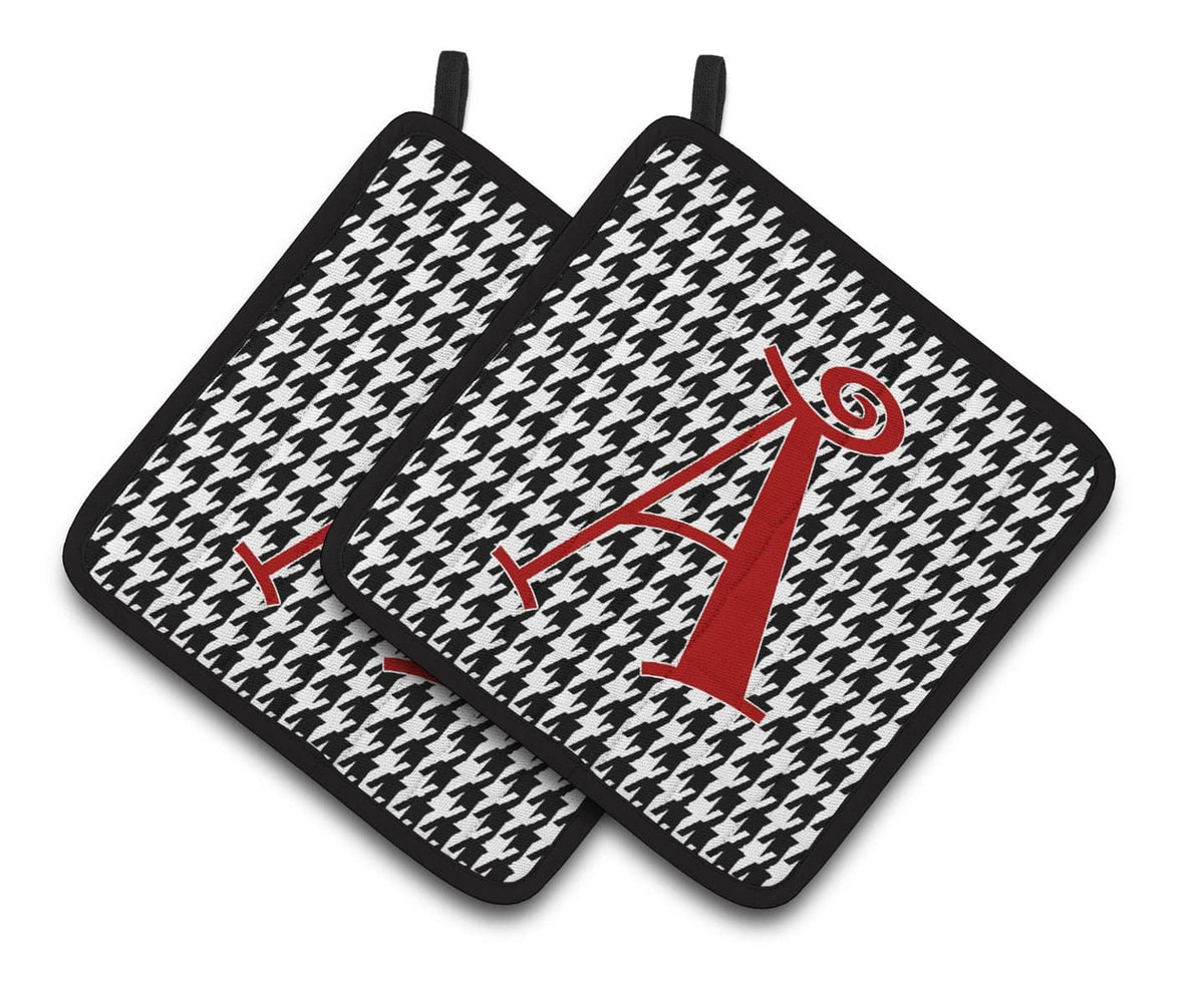 Letter A Monogram - Black White Houndstooth Pair of Pot Holders CJ1035-APTHD - the-store.com