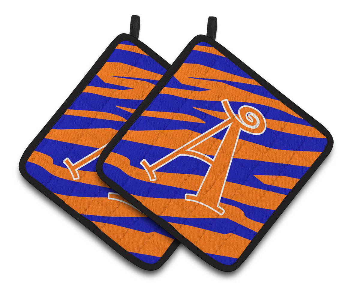 Letter A Monogram - Orange Blue Tiger Stripe Pair of Pot Holders CJ1036-APTHD - the-store.com