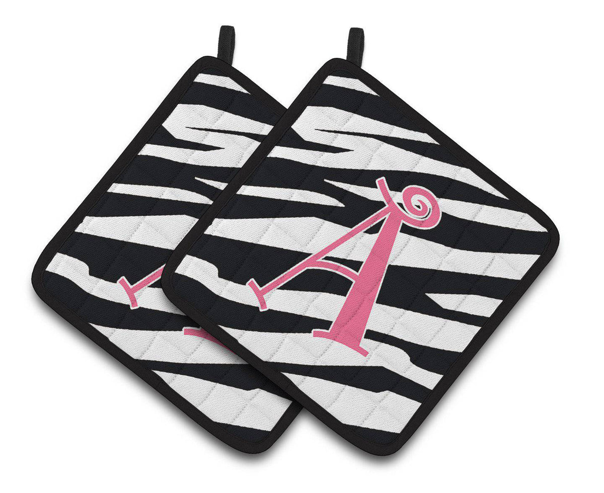 Letter A Monogram - Zebra Stripe and Pink Pair of Pot Holders CJ1037-APTHD - the-store.com