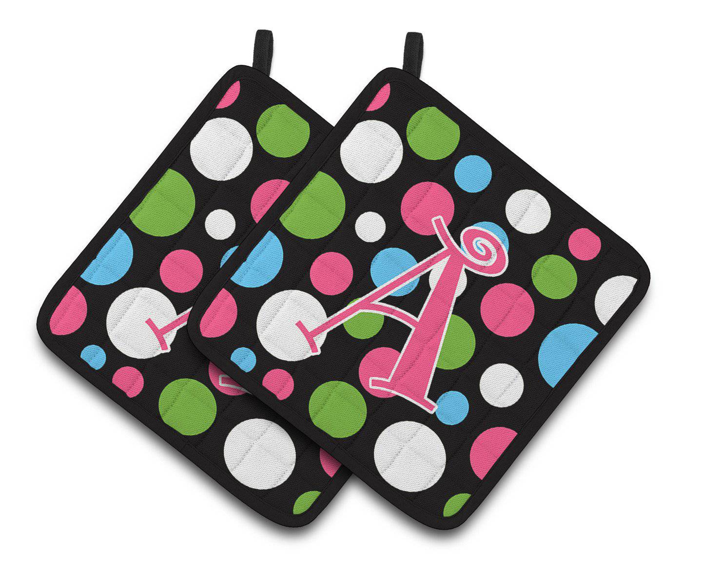 Letter A Monogram - Polkadots and Pink Pair of Pot Holders CJ1038-APTHD - the-store.com