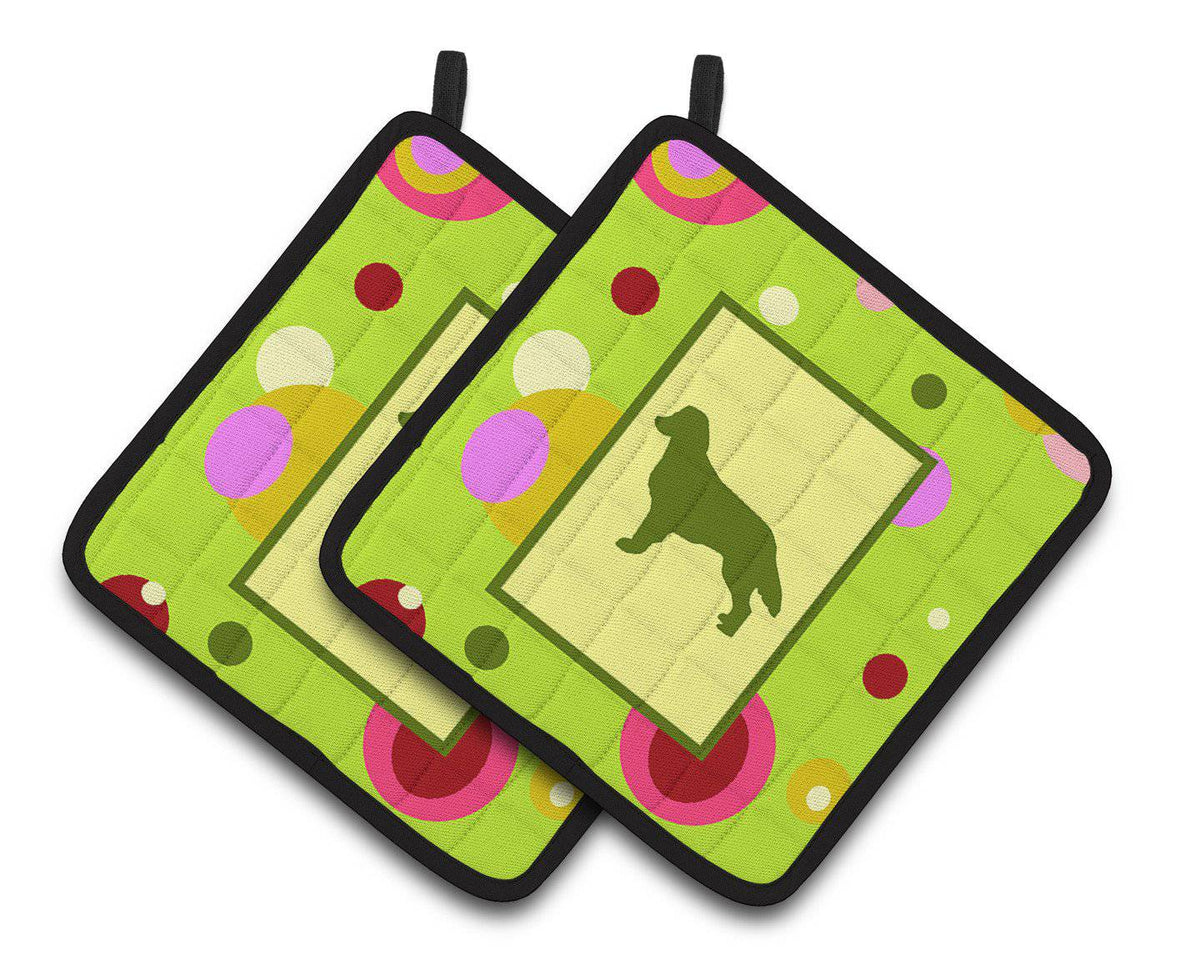 Lime Green Dots Flat Coated Retriever Pair of Pot Holders CK1031PTHD - the-store.com