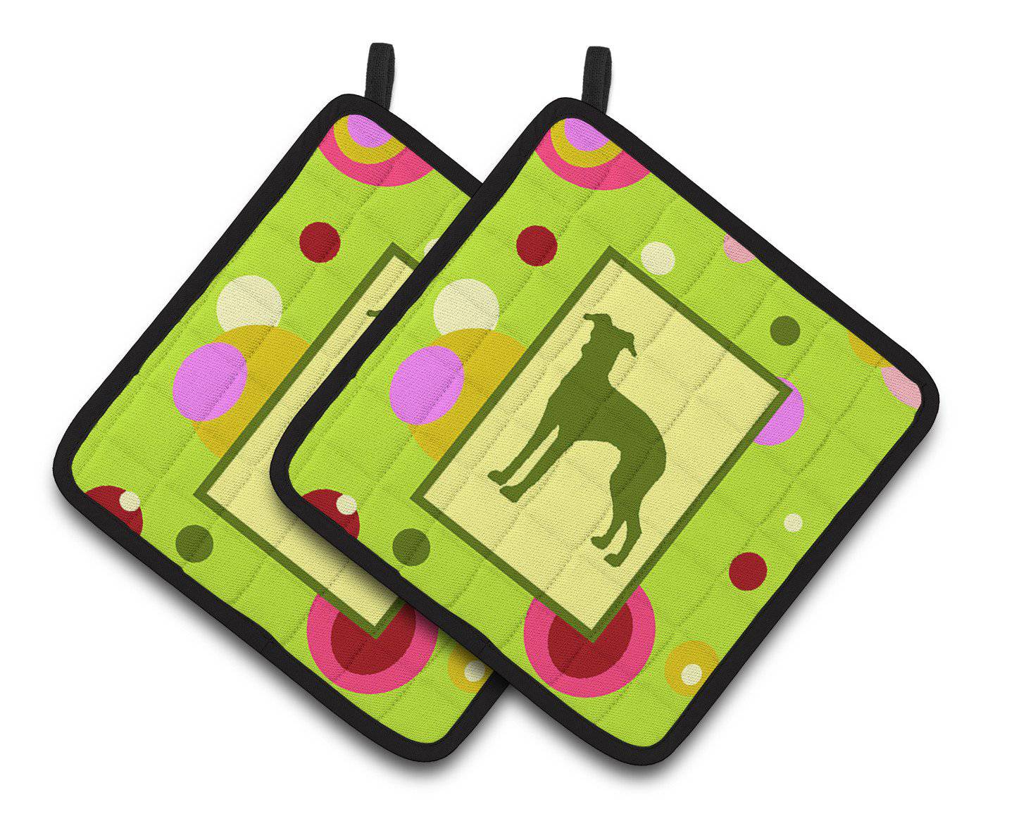 Lime Green Dots Italian Greyhound  Pair of Pot Holders CK1102PTHD - the-store.com