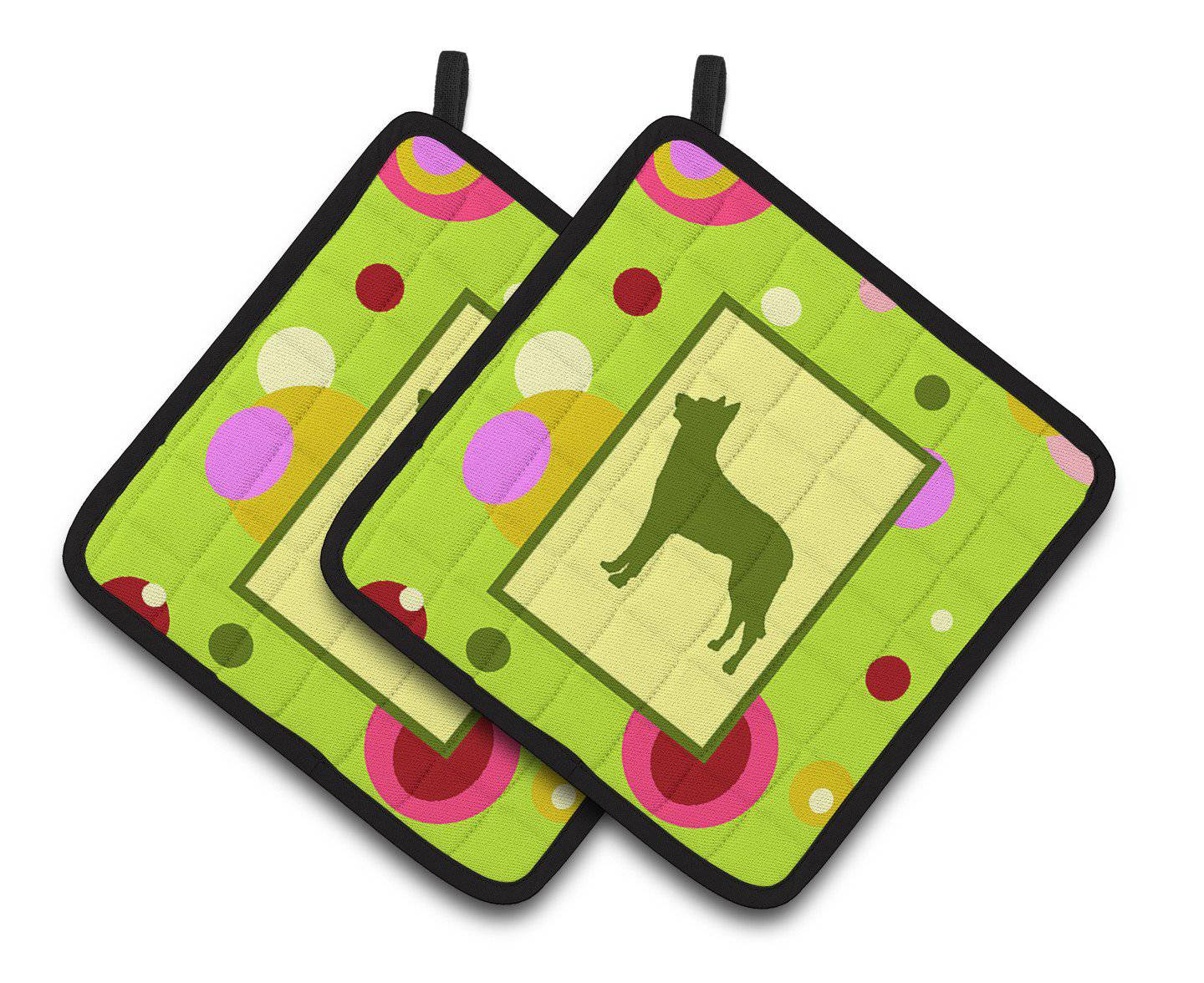 Lime Green Dots Beauceron  Pair of Pot Holders CK1113PTHD - the-store.com