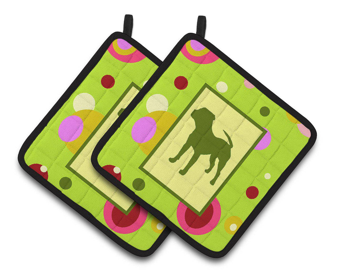 Lime Green Dots Pit Bull Pair of Pot Holders CK1153PTHD - the-store.com