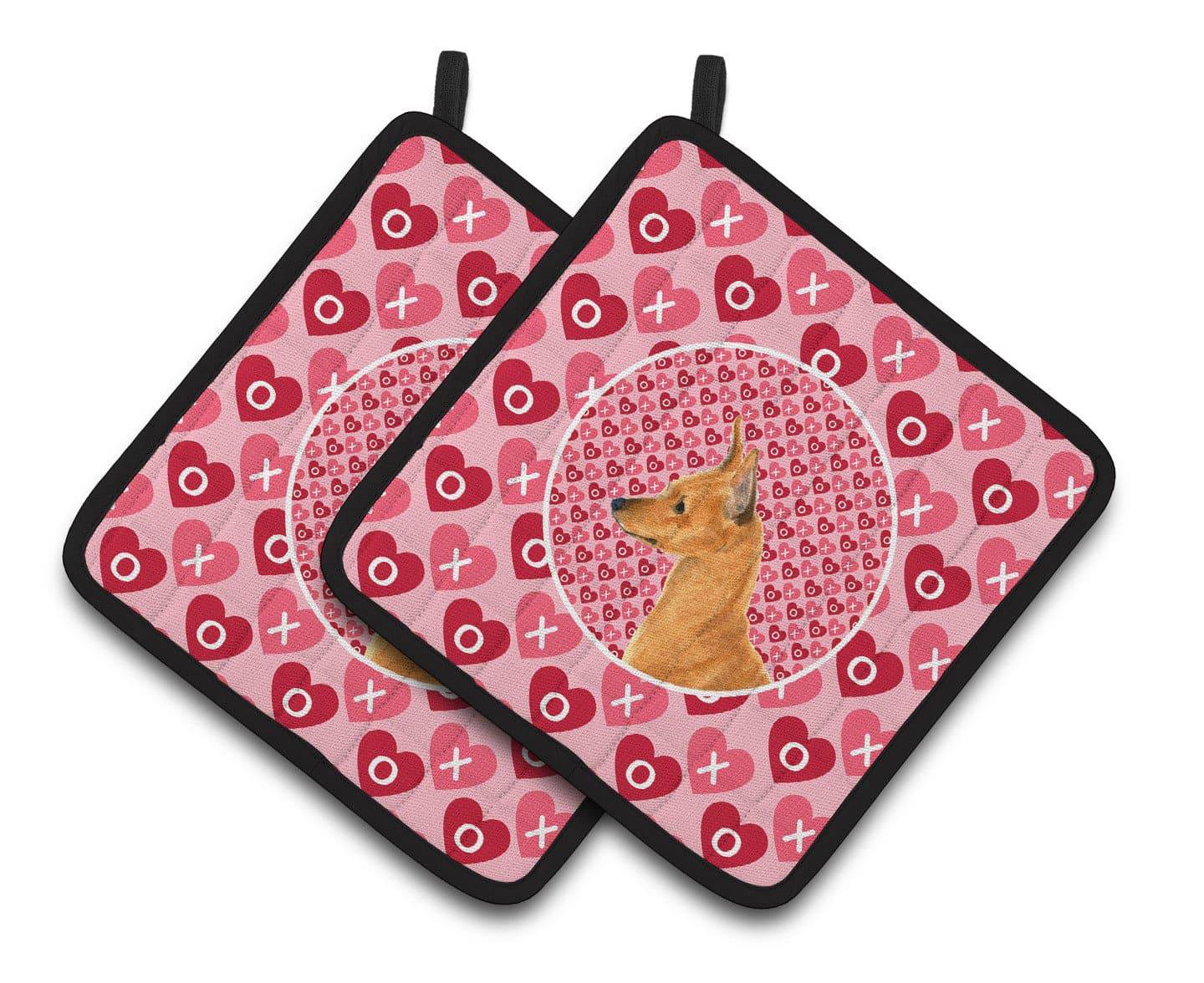 Min Pin Hearts Love and Valentine's Day Portrait Pair of Pot Holders SS4466PTHD - the-store.com