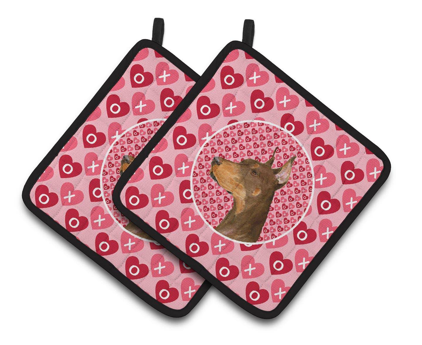 Doberman Hearts Love and Valentine's Day Portrait Pair of Pot Holders SS4468PTHD - the-store.com