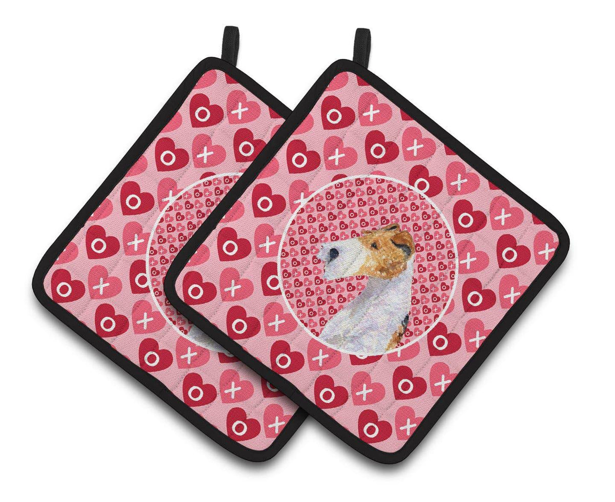 Fox Terrier Hearts Love and Valentine&#39;s Day Portrait Pair of Pot Holders SS4478PTHD - the-store.com