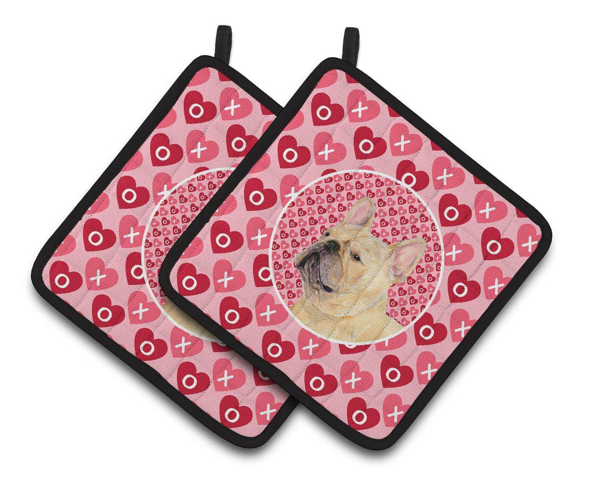 French Bulldog Hearts Love and Valentine&#39;s Day Portrait Pair of Pot Holders SS4485PTHD - the-store.com