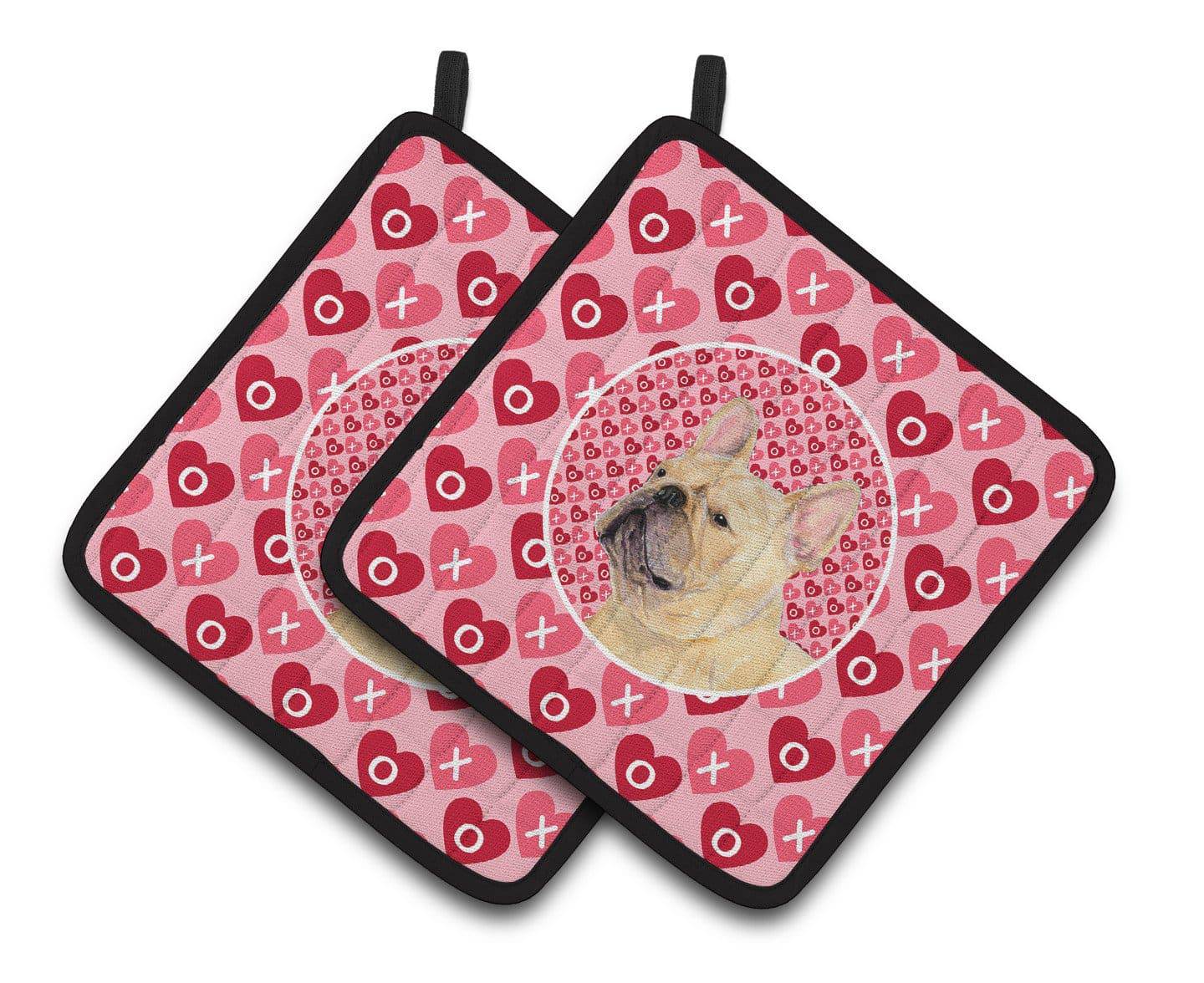 French Bulldog Hearts Love and Valentine's Day Portrait Pair of Pot Holders SS4485PTHD - the-store.com