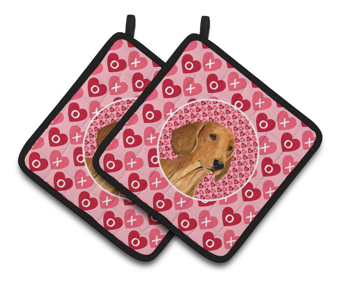 Dachshund Hearts Love and Valentine&#39;s Day Portrait Pair of Pot Holders SS4487PTHD - the-store.com