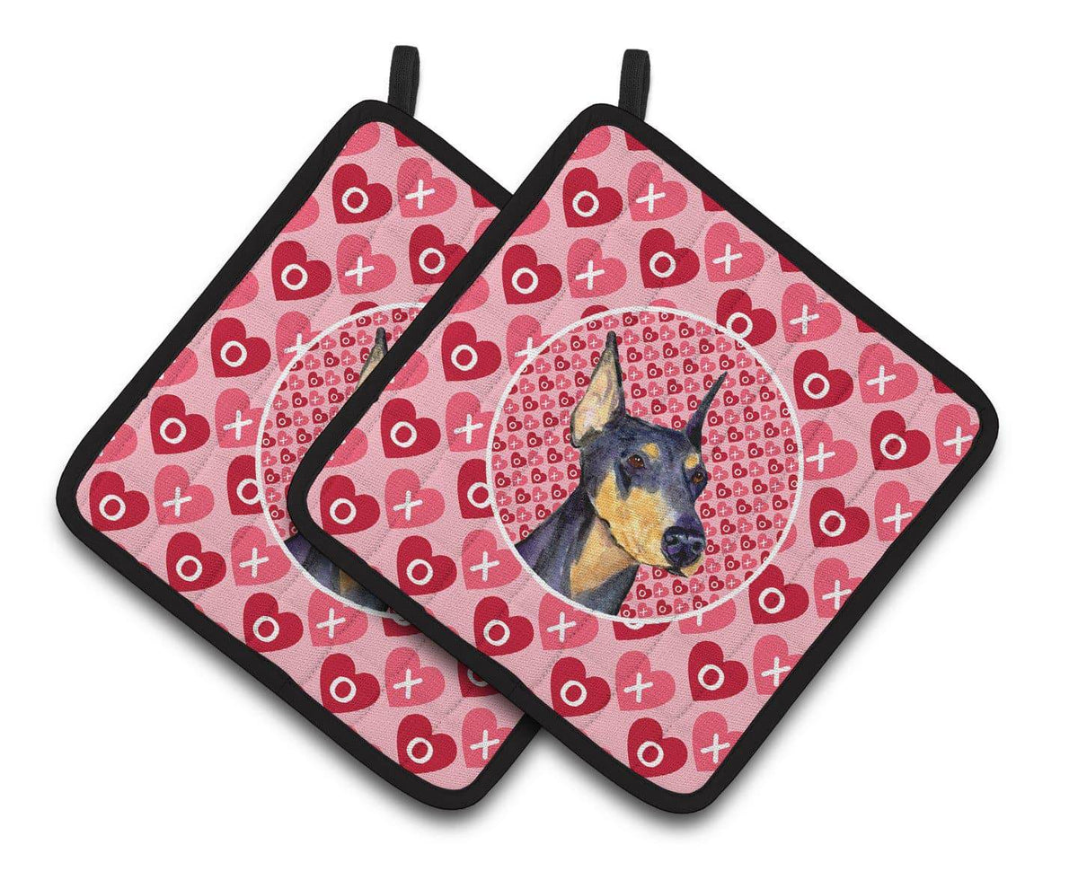 Doberman Hearts Love and Valentine&#39;s Day Portrait Pair of Pot Holders SS4495PTHD - the-store.com