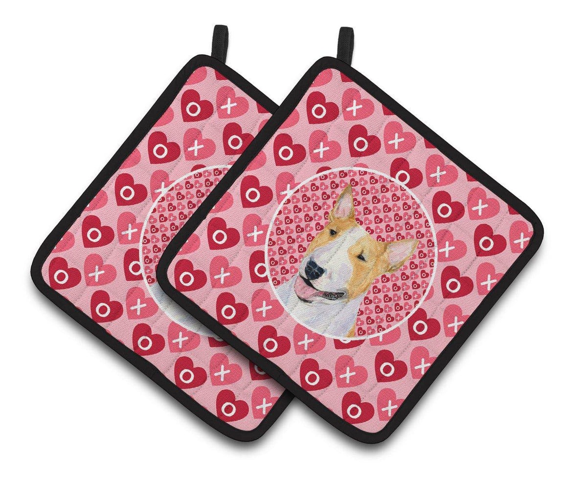 Bull Terrier Hearts Love and Valentine&#39;s Day Portrait Pair of Pot Holders SS4496PTHD - the-store.com
