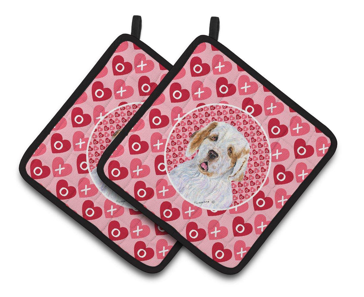 Clumber Spaniel Hearts Love and Valentine&#39;s Day Portrait Pair of Pot Holders SS4500PTHD - the-store.com