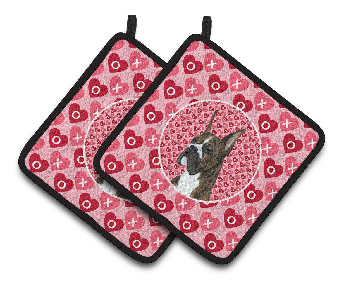 Boxer Hearts Love and Valentine&#39;s Day Portrait Pair of Pot Holders SS4508PTHD - the-store.com