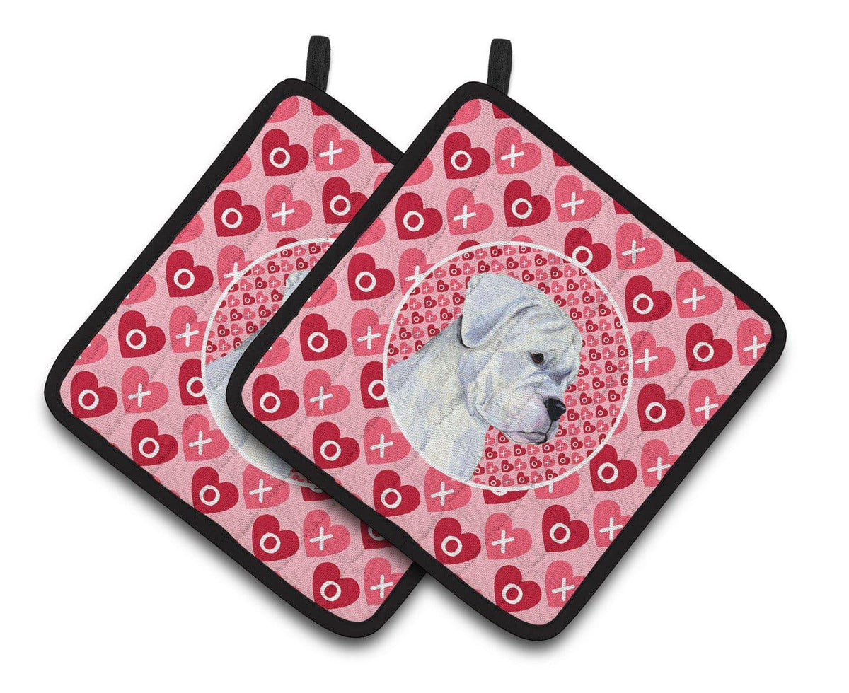 Boxer Hearts Love and Valentine&#39;s Day Portrait Pair of Pot Holders SS4509PTHD - the-store.com