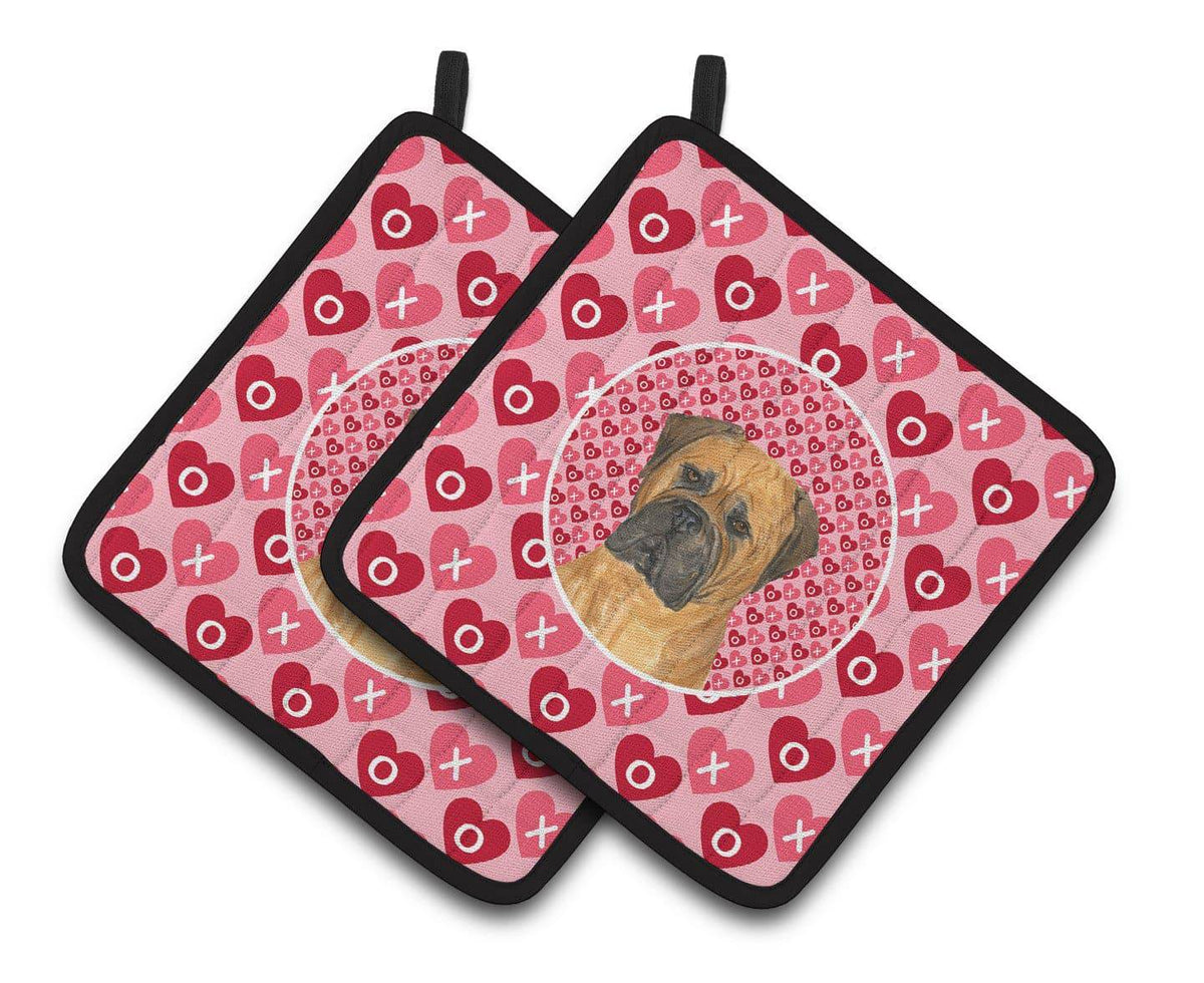 Bullmastiff Hearts Love and Valentine&#39;s Day Portrait Pair of Pot Holders SS4517PTHD - the-store.com