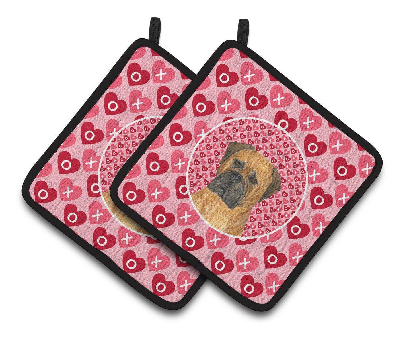 Bullmastiff Hearts Love and Valentine's Day Portrait Pair of Pot Holders SS4517PTHD - the-store.com