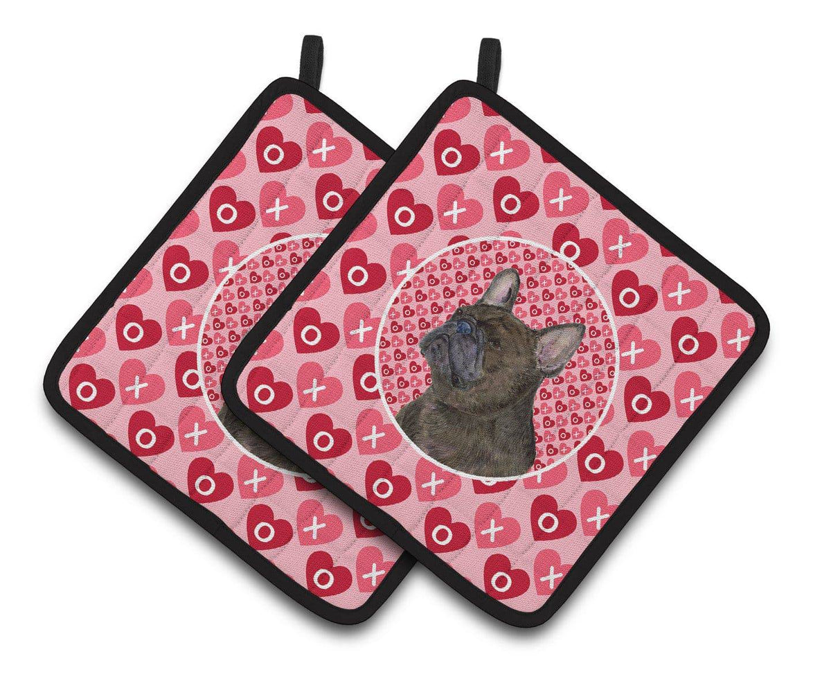 French Bulldog Hearts Love and Valentine&#39;s Day Portrait Pair of Pot Holders SS4519PTHD - the-store.com